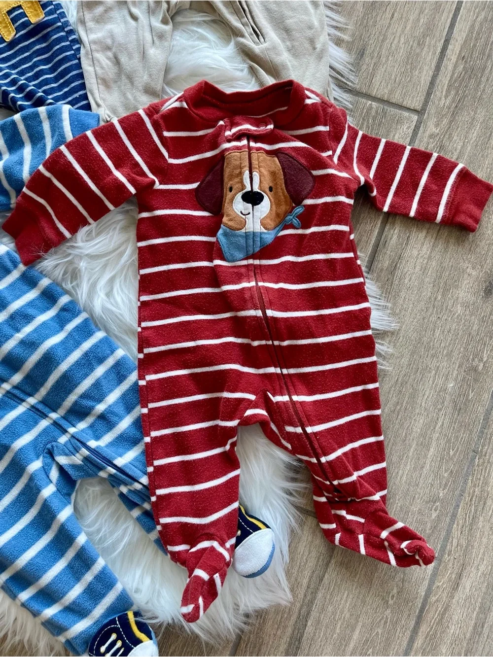 Kids One-Piece Footed Pajama Set - Red Stripe Dog Design